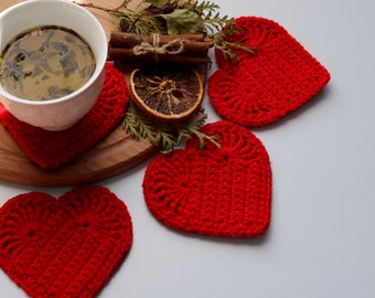 Crochet coasters, set of 4 coasters hearts, red coasters, coasters for mug, coasters for glass, Valentine's day gift, Kitchen decorations