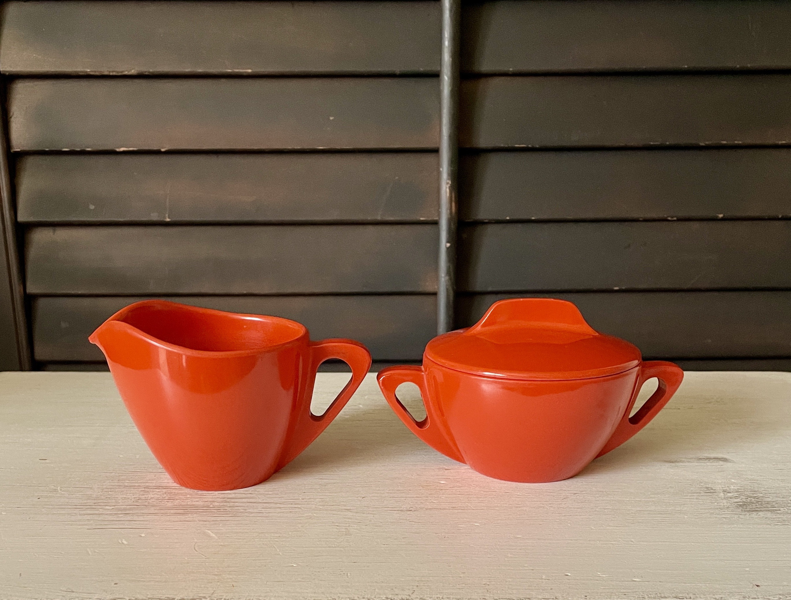Melamine Orange Prolon Ware Melmac Cream Pitcher and Covered Sugar