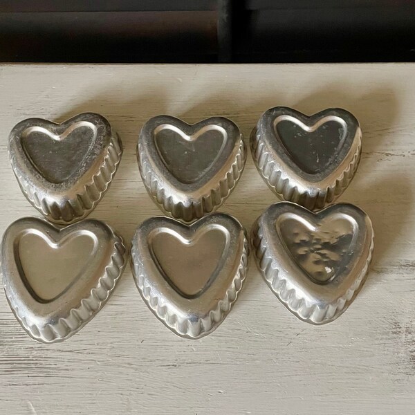 Heart Shaped Aluminum Molds for Jell-O, Baking, Soap Making-1950s Vintage Aluminum Molds-Set of 6