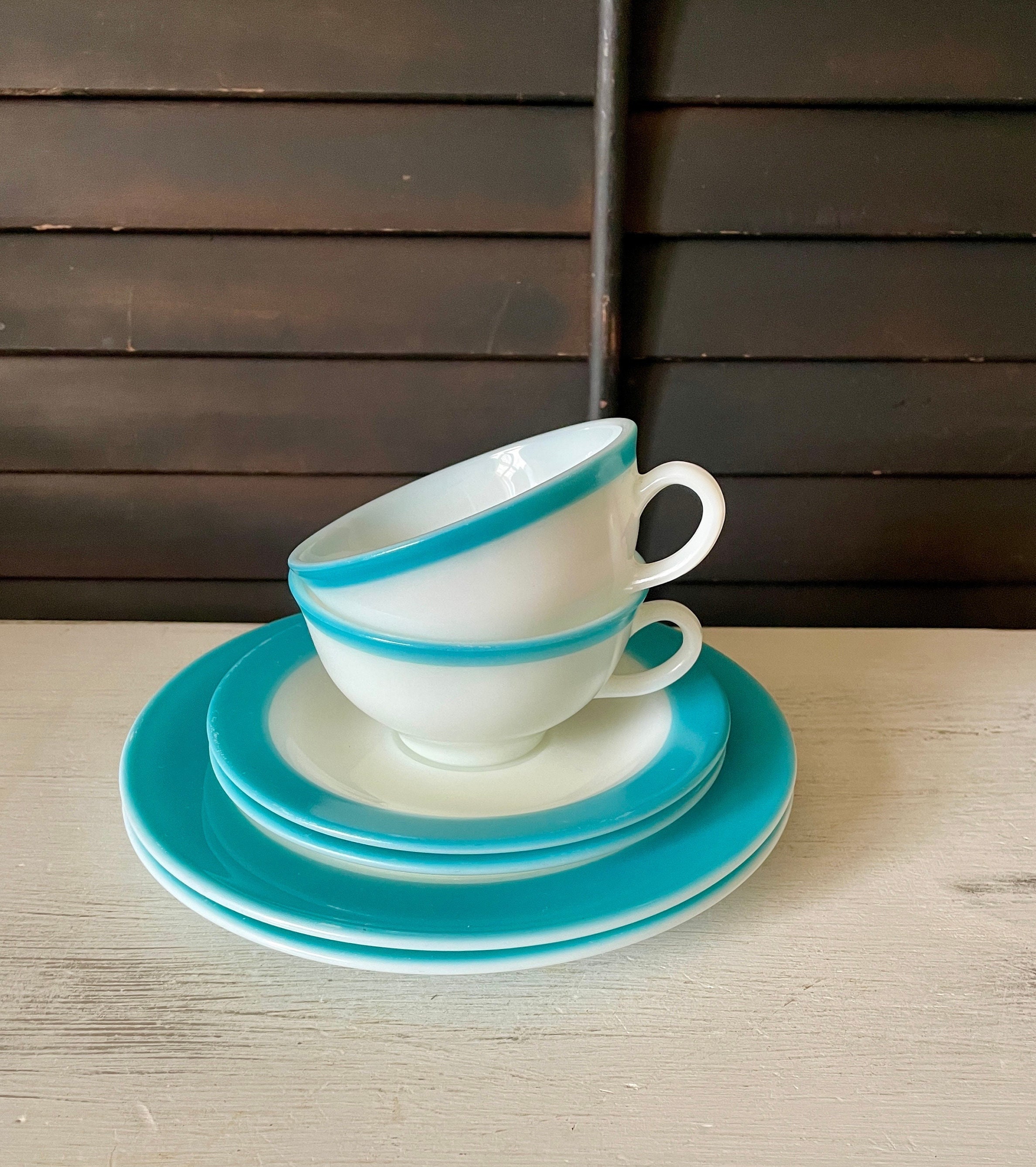 Vintage Pyrex Milk Glass Dessert Set: Turquoise Trim, 6-piece - Etsy