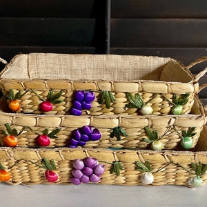 Woven Raffia and Fruit Motif Baskets-Nesting Set of 3-Vintage Lined Rectangular Baskets with Handles