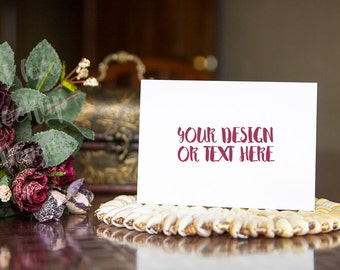 Download Free White Card on a Table with Flowers / Stock Photography / Product Mockup / High Res File PSD Template