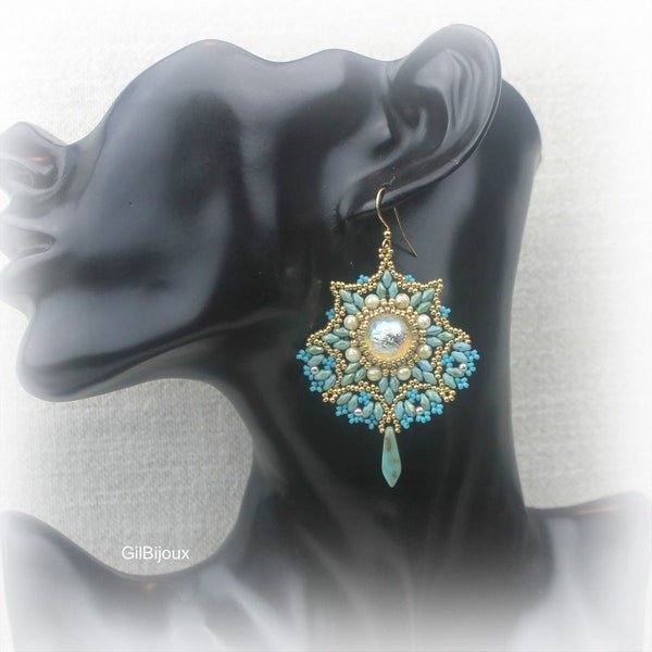 Diy Tutorial Beading, Marena Earrings, Pattern with Dome beads, Swaroski Pearls and Miniduo beads, Beading Patterns, GilBijoux,WeavingBeads,