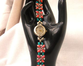 WA132 - dameshorloge met roze en turkoois modieuze armband