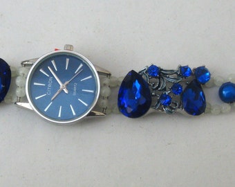 WA165 - Montre pour femme avec bracelet tendance bleu et blanc
