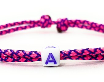 Friendship Bracelet with Letter, Surfer Bracelet, Beach Bracelet, Letter Bracelet, Adjustable, Free Color Choice -Acid Purple & Neon Pink