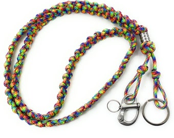 Paracord Lanyard Rainbow Handmade Stainless Steel Carabiner and Bead Key Band Hippie