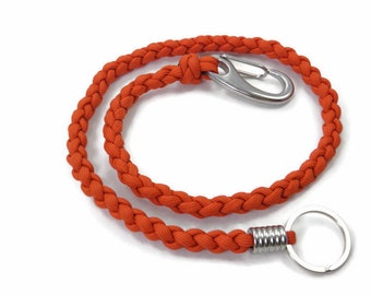 Wallet chain made of US paracord-handmade stainless steel with carabiner and bead lanyard-solar orange