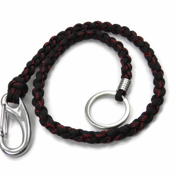 Wallet chain made of US paracord-handmade stainless steel carabiner and bead lanyard-Thin Red Line