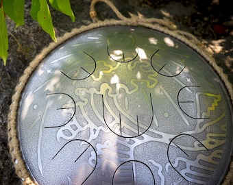 Small steel tongue drum with nine notes - MINI Overtone Plus Big Wave with rope, little handpan, percussion, tank drum, unique Gubarev drum