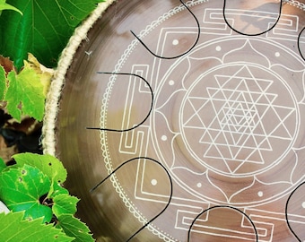 Handmade Steel Tongue GUDA Drum, Freezbee model 8 notes Sri Yantra Design, Meditation sound
