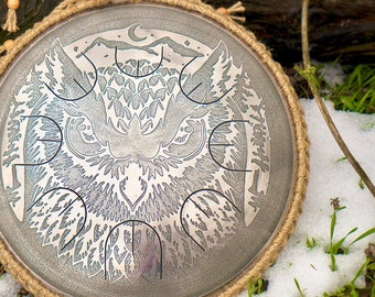 Perfect sound by small Gubarev steel tongue drum from master Dmitrii Gubarev, Wisdom owl design with hemp rope decoration, hearbeat Ukraine