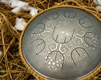 Small steel tongue drum with nine notes MINI Overtone Plus True life, with rope, little handpan, tank drum, unique sound by Dmitrii Gubarev