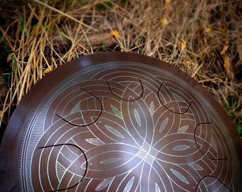 Handmade Steel Tongue Drum 14" - Freezbee Gold Circles - Lightweight Travel Instrument