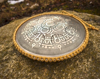 Small steel tongue drum with nine notes MINI Overtone Plus "Aztec song", with free hamp rope, little handpan, tank drum, sound healing