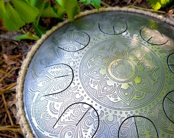 Steel tongue GUBAREV drum MINI Overtone "Waterlily” with rope, small compact and portable handpan, rich unique and pure sound from master