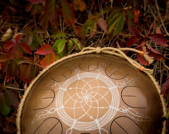 Steel tongue drum - GUBAREV drum MINI Overtone "Dream Catcher" with rope decoration, Handpan, percussion, petal drum, metal drum, meditation