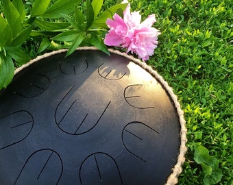 Black small handpan with nine notes Gubarev drum MINI Overtone Plus "Black Mandala" with rope, steel tongue drum, tank drum, unique saund