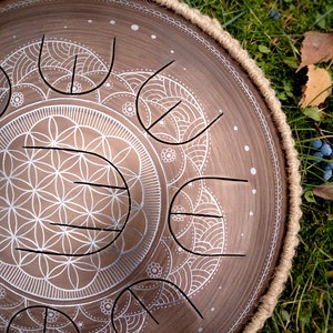 Small tongue drum with nine petals - GUDA drum MINI Overtone Plus &quot;Flower of life&quot; with rope decoration, unique steel tongue drum, tankdrum