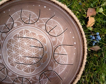 Small Handpan with nine petals - GUBAREV drum MINI Overton Plus "Flower of life" with rope decoration, unique steel tongue drum, tankdrum