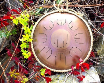 Könnte beinhalten: Ein kupferfarbener Handpan mit einem Seilgriff, umgeben von roten und gelben Blättern. Der Handpan hat acht Noten, die jeweils mit einem Symbol gekennzeichnet sind.