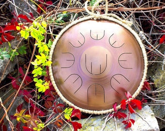 Little steel tongue drum with nine petals MINI Overton Plus with rope decoration petal tankdrum stainles steel from master Dmitrii Gubarev