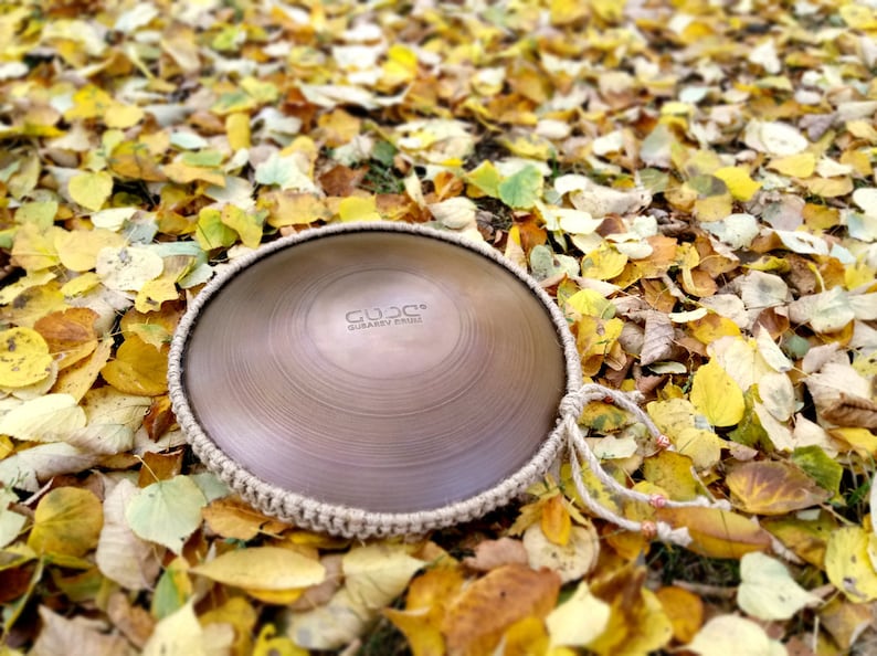 Back side of Steel tongue drum - GUBAREV drum MINI Overtone "Ukrainian" with rope decoration Handpan Tongue drum Tank drum Percussion Pan drum healing