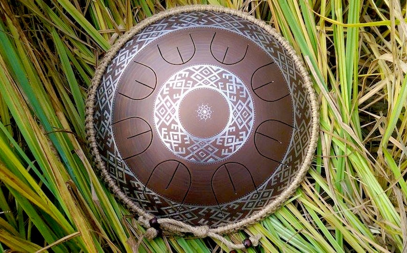 Steel tongue drum - GUBAREV drum MINI Overtone "Ukrainian" with rope decoration Handpan Tongue drum Tank drum Percussion Pan drum healing