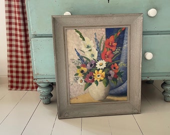 Vintage Swedish oil painting, floral still life, original framed art.