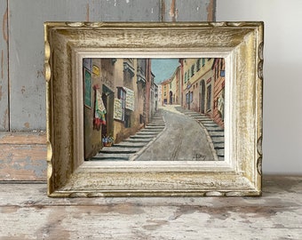 Vintage French oil painting and frame, street scene on a hill, oil on board, original art