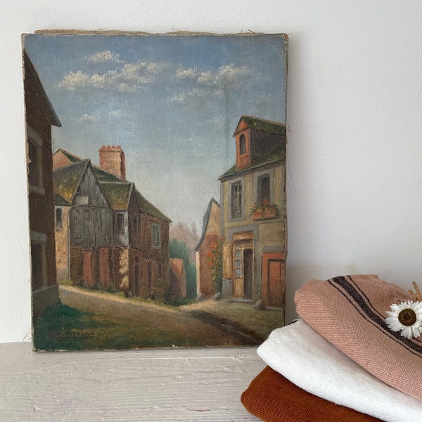 Charming small French oil painting, canvas panel, rural village scene, unframed art