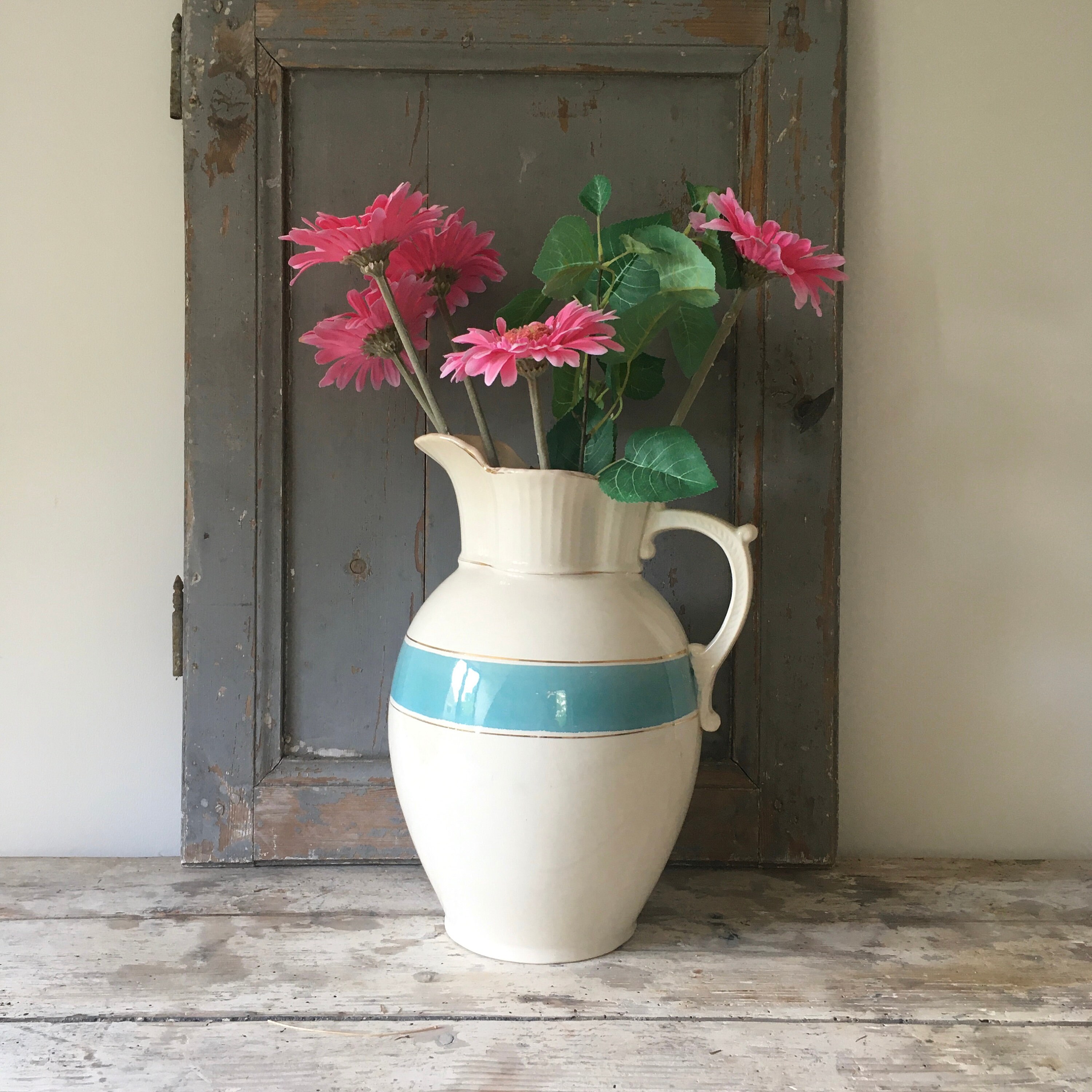 Large Victorian jug, blue and white