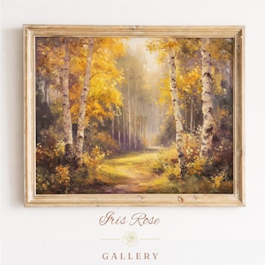 May include: A framed oil painting depicting a forest scene with tall birch trees featuring white bark and vibrant yellow autumn leaves. A sunlit path winds through the center of the woods, surrounded by golden foliage and soft, diffused light.