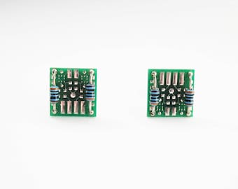 Circuit Board Stud Earrings with blue resistors | Geeky Jewellery | Circuit Board with chips and resistor