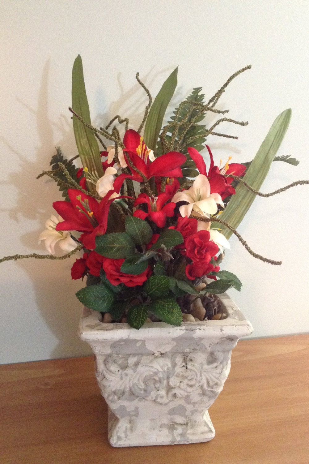 Silk Floral Arrangement Red Ivory Greenery Arrangement River Etsy