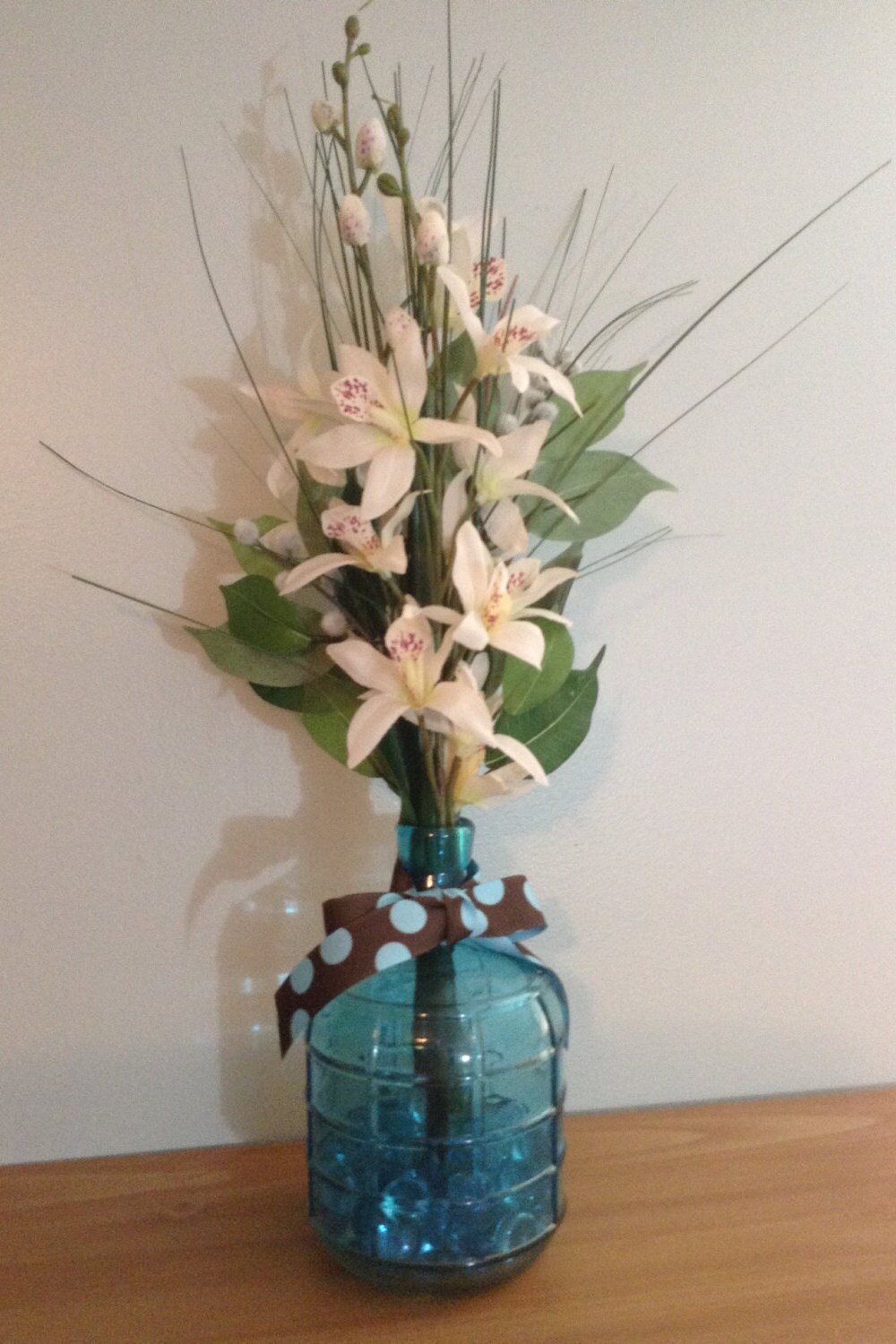 Floral Arrangement Ivory Flowers In Teal Glass Bottle Spring Etsy