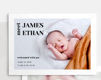Editable Birth Announcement Photo Card | Instant Download | Minimal and Modern | Printable Baby Birth Announcement | Templett