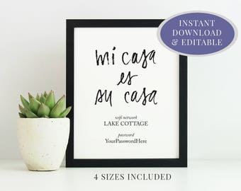 printable Wifi Passwort Zeichen | Gästezimmer Schild | mi casa es su casa | bearbeitbar | anpassen | 8x10, 5x7, 4x6, 2x3,5 | Sofortiger Digitaldruck