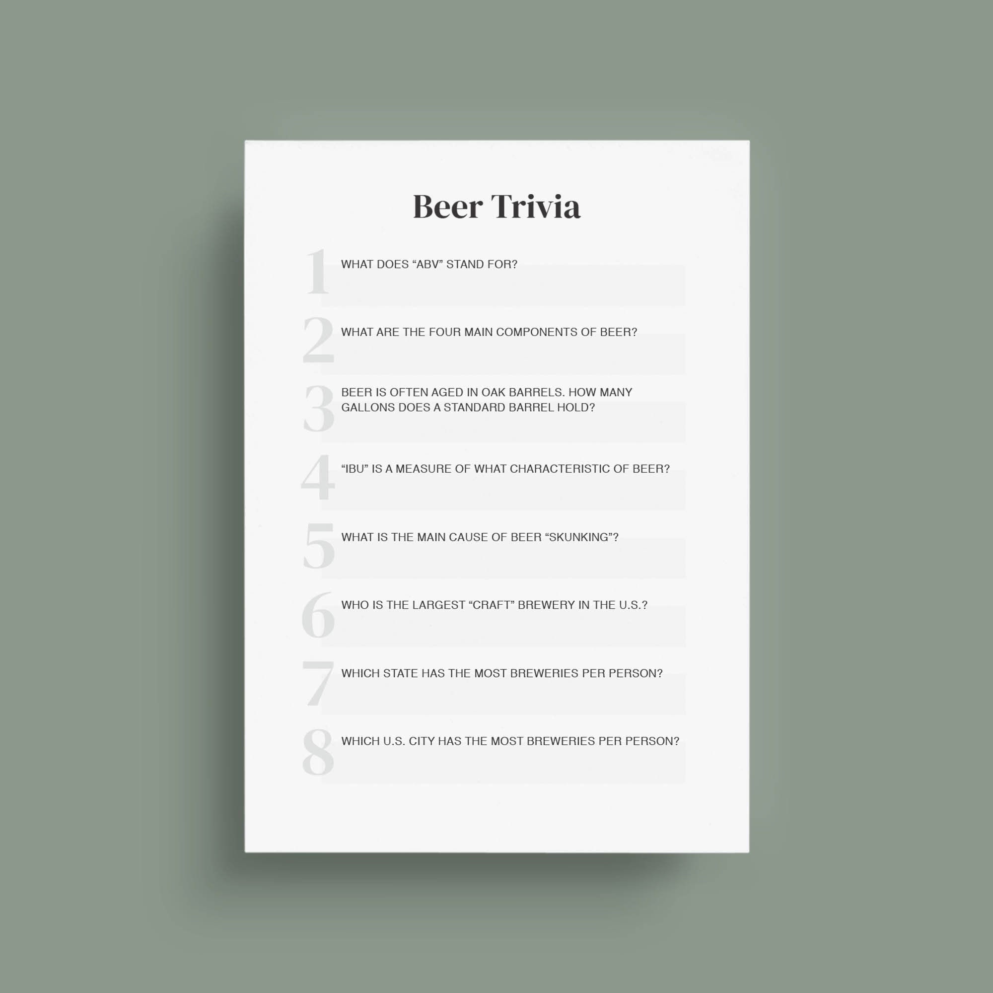 Printable Beer Trivia Game Cards Beer Tasting Party 5x7 Etsy