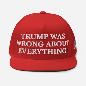 Könnte beinhalten: Rote Baseballkappe mit einer weißen Stickerei, die "TRUMP WAS WRONG ABOUT EVERYTHING!" lautet, und einer kleinen amerikanischen Flagge an der Seite.