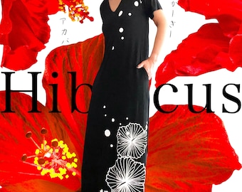 Women's - Maxi Dress - Hibiscus Design - Black - Gift for Her