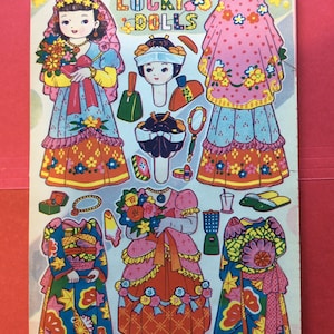 Muñecas de papel antiguas &quot;Lucky Dolls&quot;, efímeras japonesas de los años 50, juguetes de papel, artesanías coleccionables, juguetes de niña con kimonas, vestidos, NOS, HTF, sin cortar, Japón.