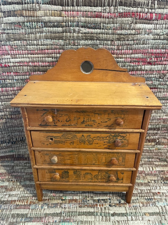 Antique Wooden Doll Trunk with 4 Wooden Drawers and Clothes