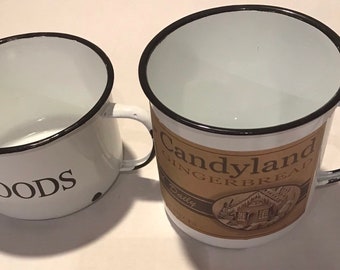 Enamelware Mugs vintage for drinking or decorating, for holiday decor, as gift holder, centerpiece planter Choice of 2 styles white w/black