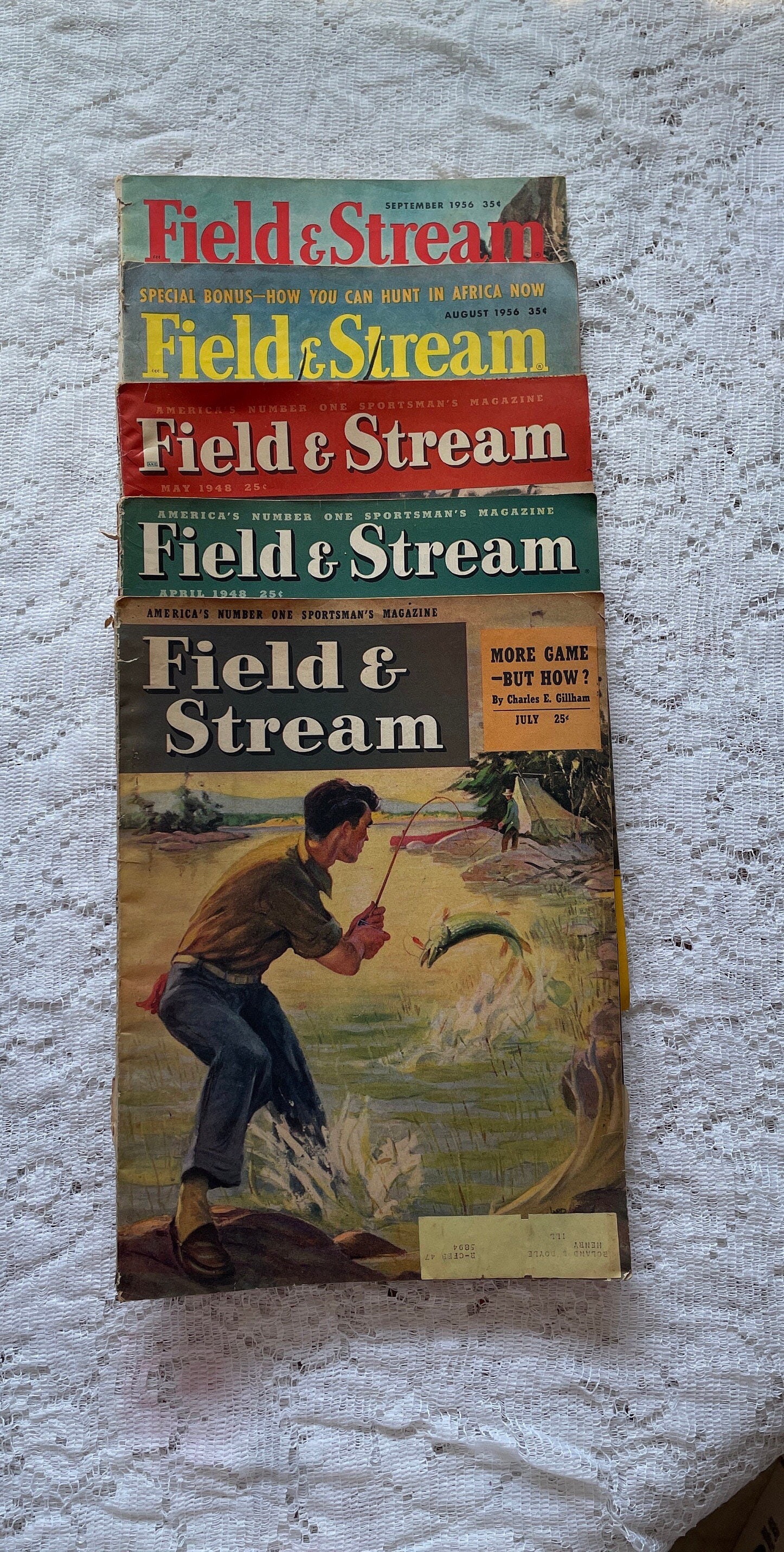 Vintage Field and Stream Magazines Choice of April 1948, May ‘48, Aug 1956,  Sept 1956 fishing hunting ephemera ads articles