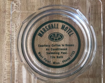 Vintage Glass Ashtray “Marshall Motel” West Point, Mississippi square clear glass green writing 1940’s or 1950’s smoking cigarettes decor