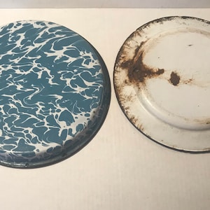 Vintage Graniteware Metal Plates Trays Collectible Blue Swirl and White Rusty Primitive Rustic Prim decor up-cycle Country Farmhouse