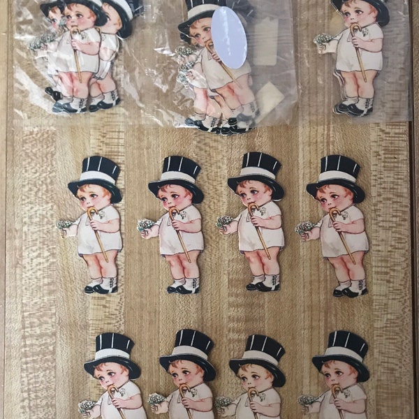 Antique Die Cut Little Boy with top hat, cane and flowers, Groom, formal, New Years, scrapbooking, paper crafts, baby shower, NOS, vintage