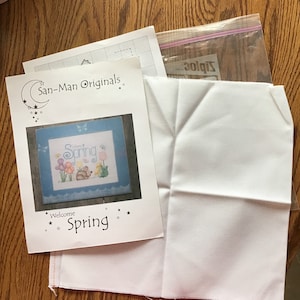 Cross Stitch Pattern and Fabric “Welcome Spring” by San-Man Originals  wall decor bunny and flowers white linen stitchery