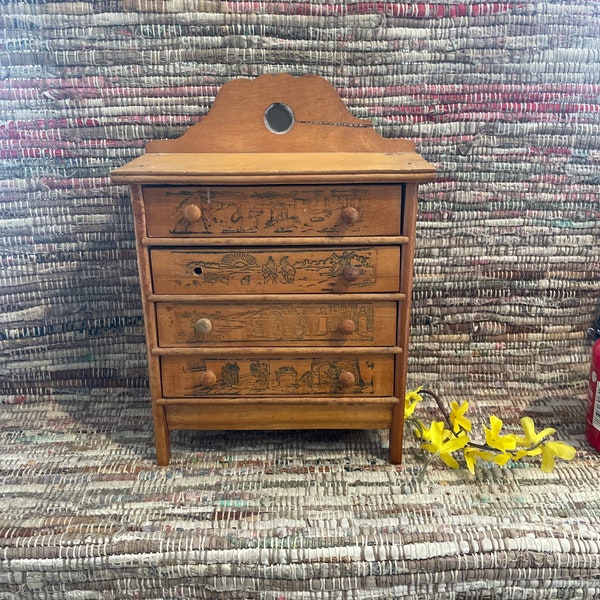 Vintage Toy Doll Dresser Wooden 4 Drawer Imprinted designs very old,  11” tall x8” wide x 3 1/2” deep “as found” chest of drawers bureau